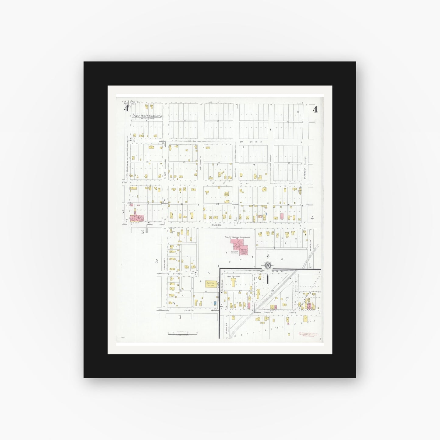 Old map wall art mockup — black gallery frame with white mat — Sanborn Fire Insurance Map from Coal City, Grundy County, Illinois (1933), Sheet #0004