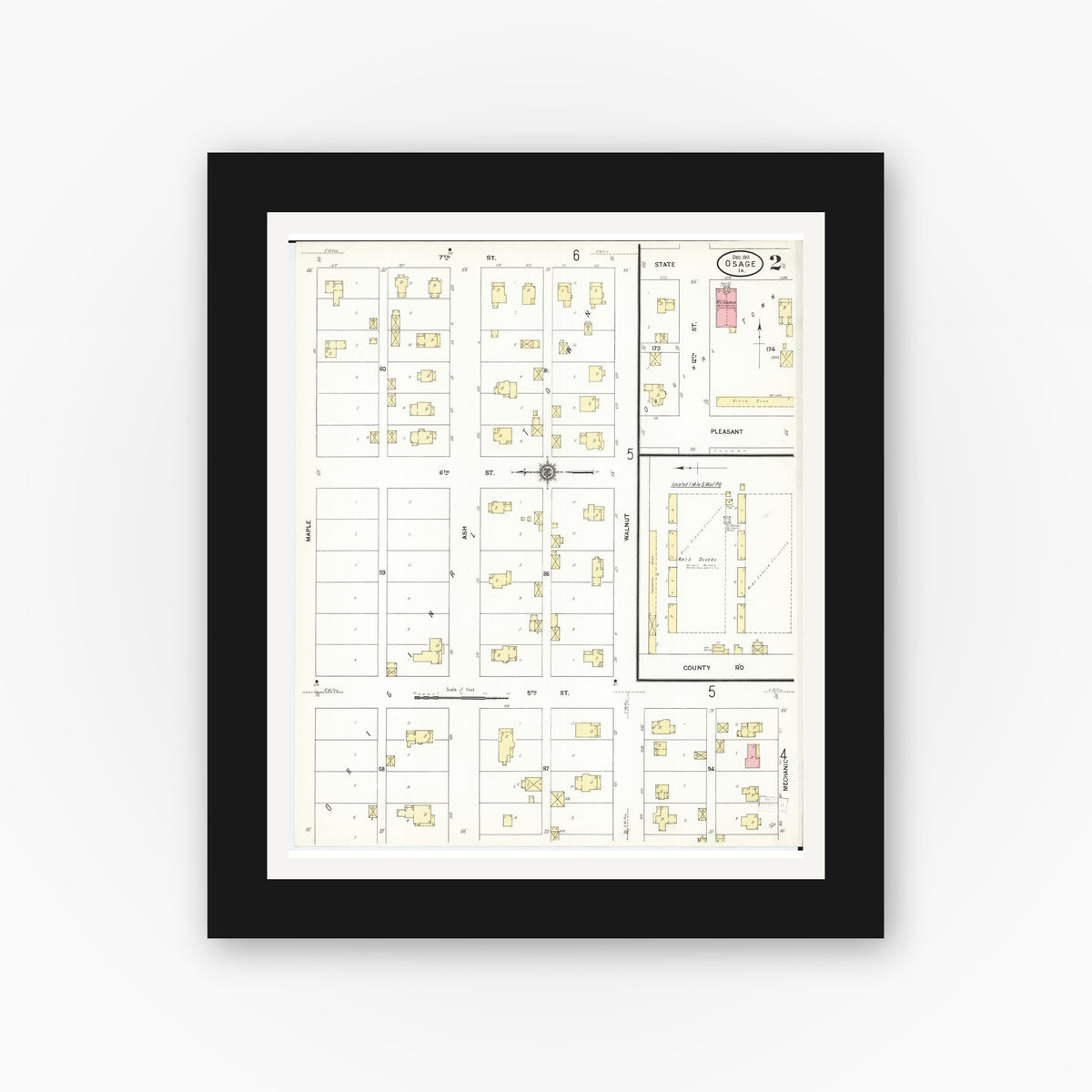 Old map wall art mockup — black gallery frame with white mat — Sanborn Fire Insurance Map from Osage, Mitchell County, Iowa (1911), Sheet #0002