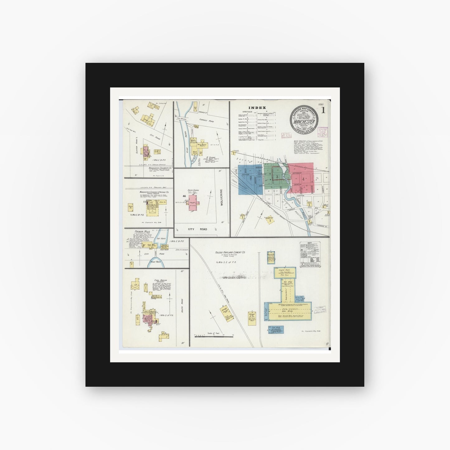 Old map wall art mockup — black gallery frame with white mat — Sanborn Fire Insurance Map from Manchester, Washtenaw County, Michigan (1907) - Complete Map Set