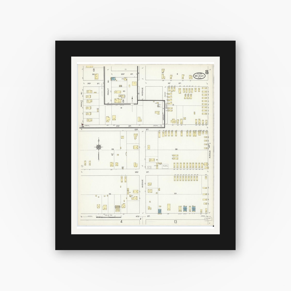 Old map wall art mockup — black gallery frame with white mat — Sanborn Fire Insurance Map from Miami, Dade County, Florida (1914), Sheet #0008