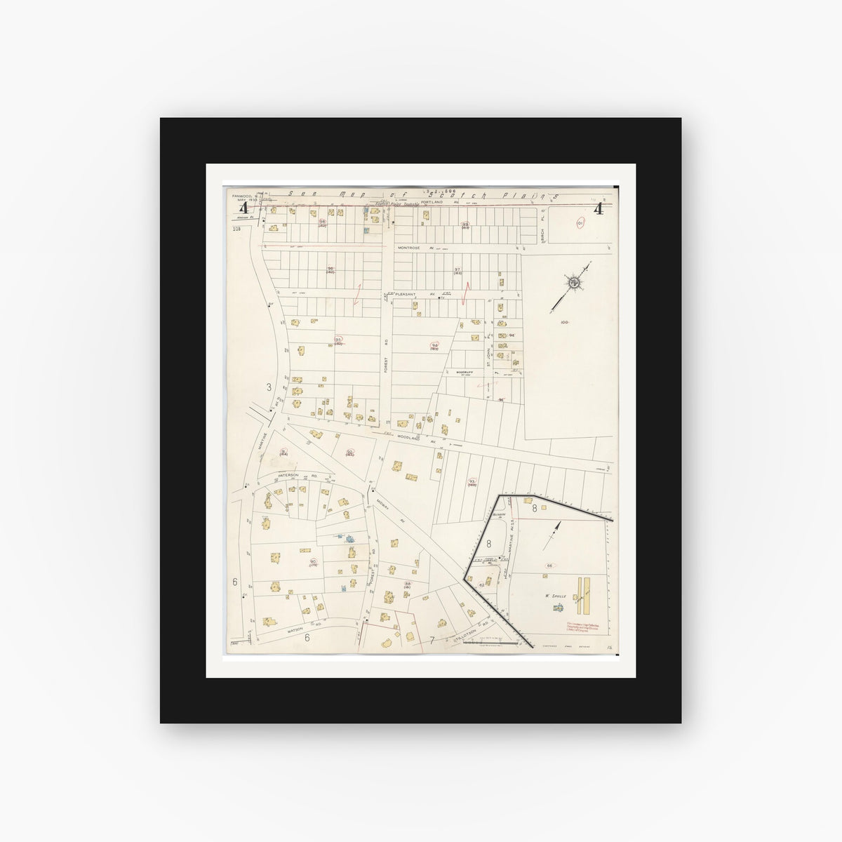 Old map wall art mockup — black gallery frame with white mat — Sanborn Fire Insurance Map from Fanwood, Union County, New Jersey (1940), Sheet #0004