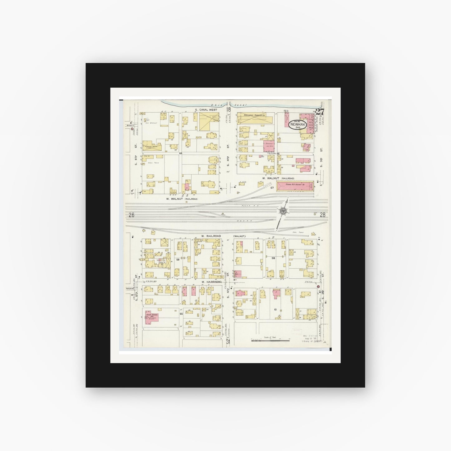 Old map wall art mockup — black gallery frame with white mat — Sanborn Fire Insurance Map from Newark, Licking County, Ohio (1912), Sheet #0027