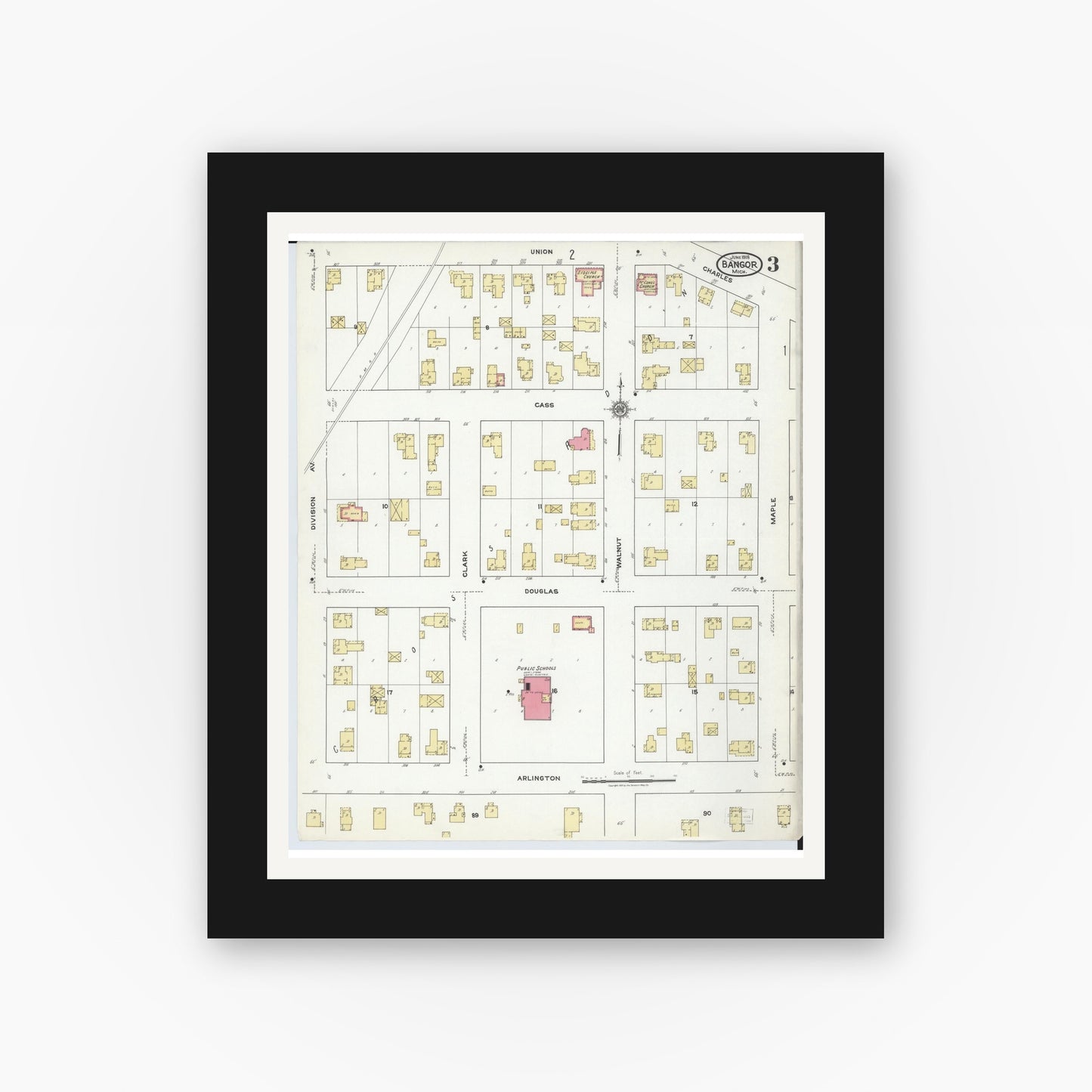 Old map wall art mockup — black gallery frame with white mat — Sanborn Fire Insurance Map from Bangor, Van Buren County, Michigan (1918), Sheet #0003
