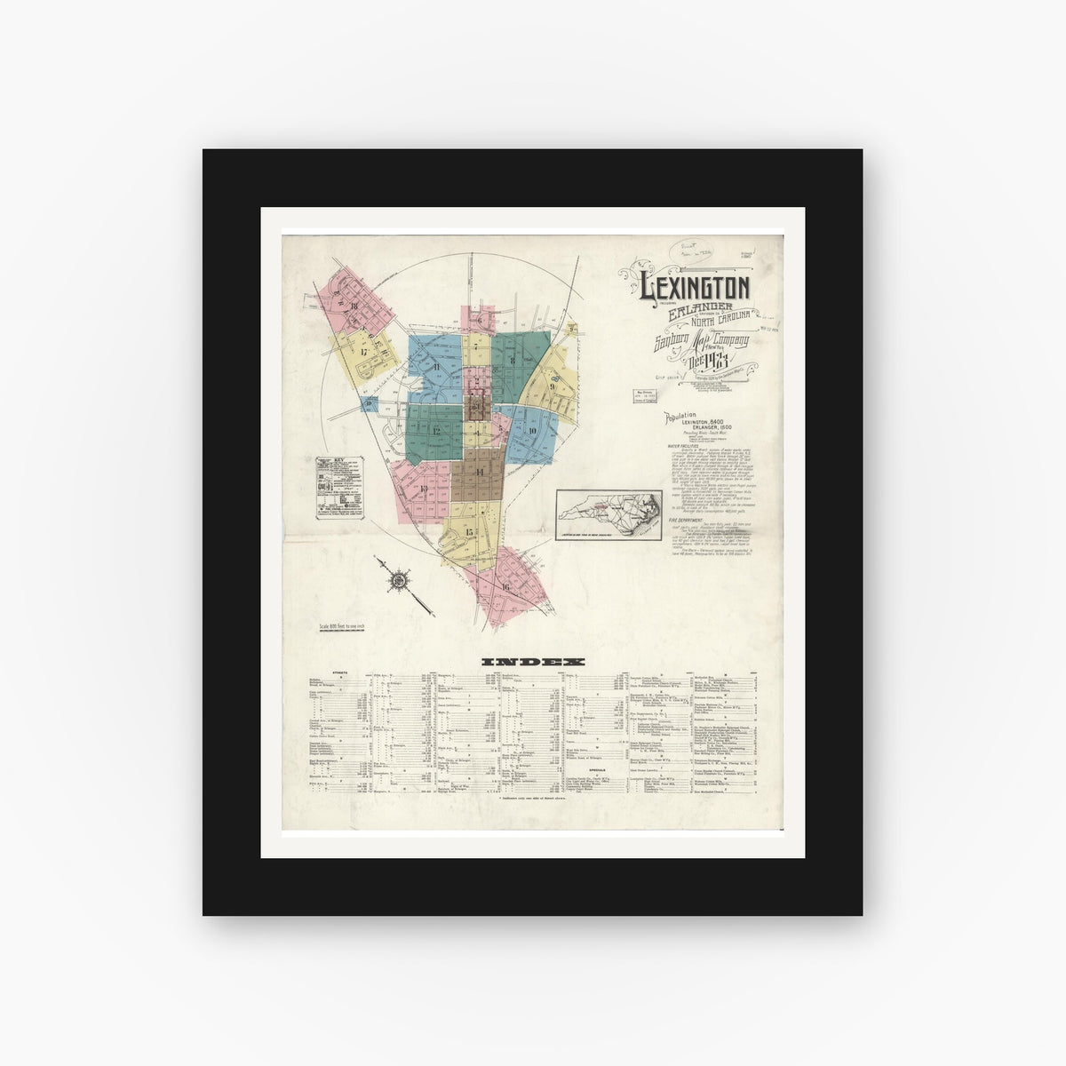 Old map wall art mockup — black gallery frame with white mat — Sanborn Fire Insurance Map from Lexington, Davidson County, North Carolina (1923) - Complete Map Set