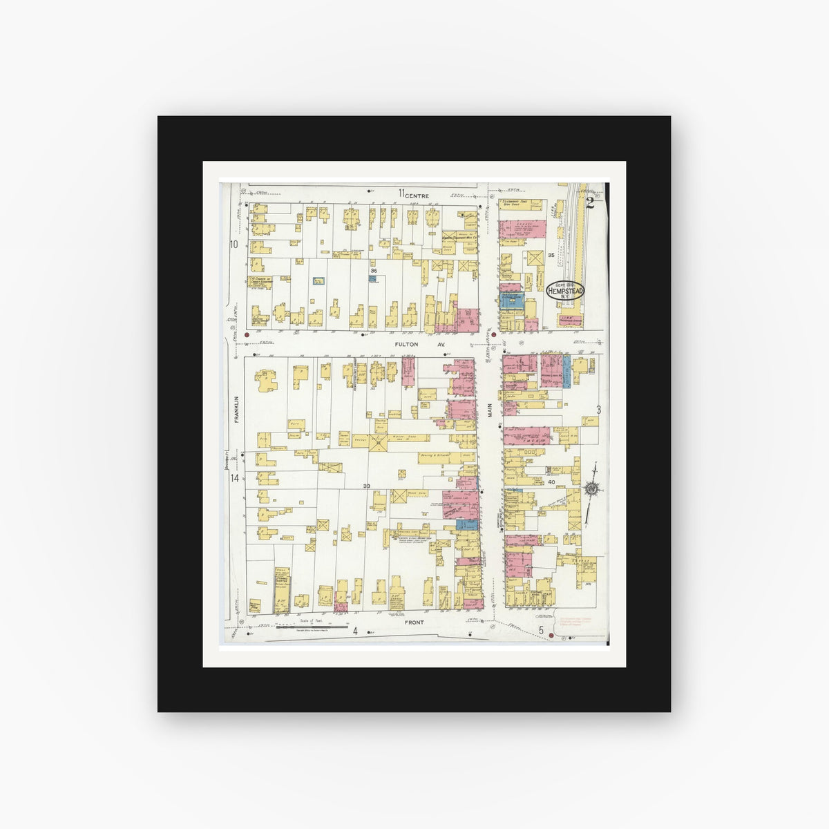 Old map wall art mockup — black gallery frame with white mat — Sanborn Fire Insurance Map from Hempstead, Nassau County, New York (1919) - Complete Map Set