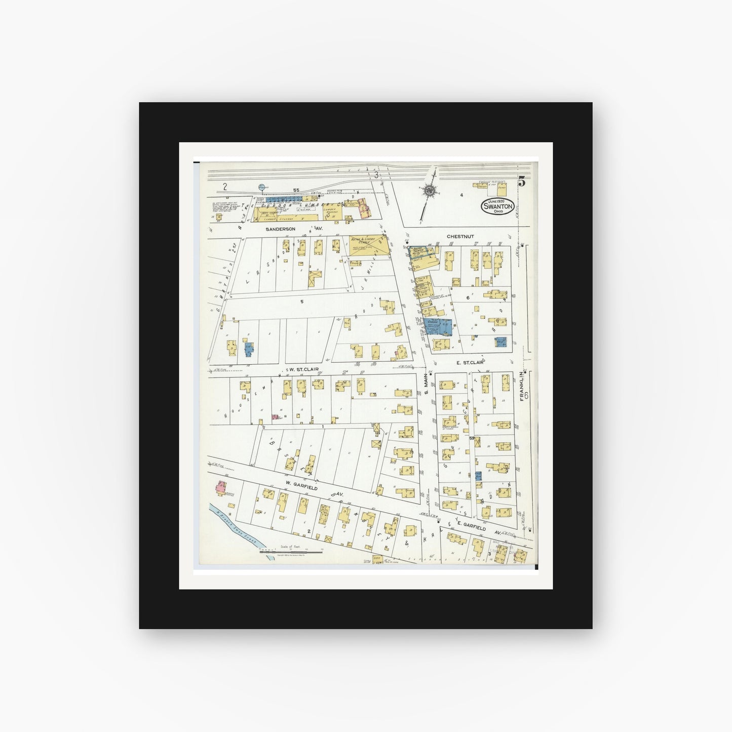 Old map wall art mockup — black gallery frame with white mat — Sanborn Fire Insurance Map from Swanton, Fulton County, Ohio (1920), Sheet #0005