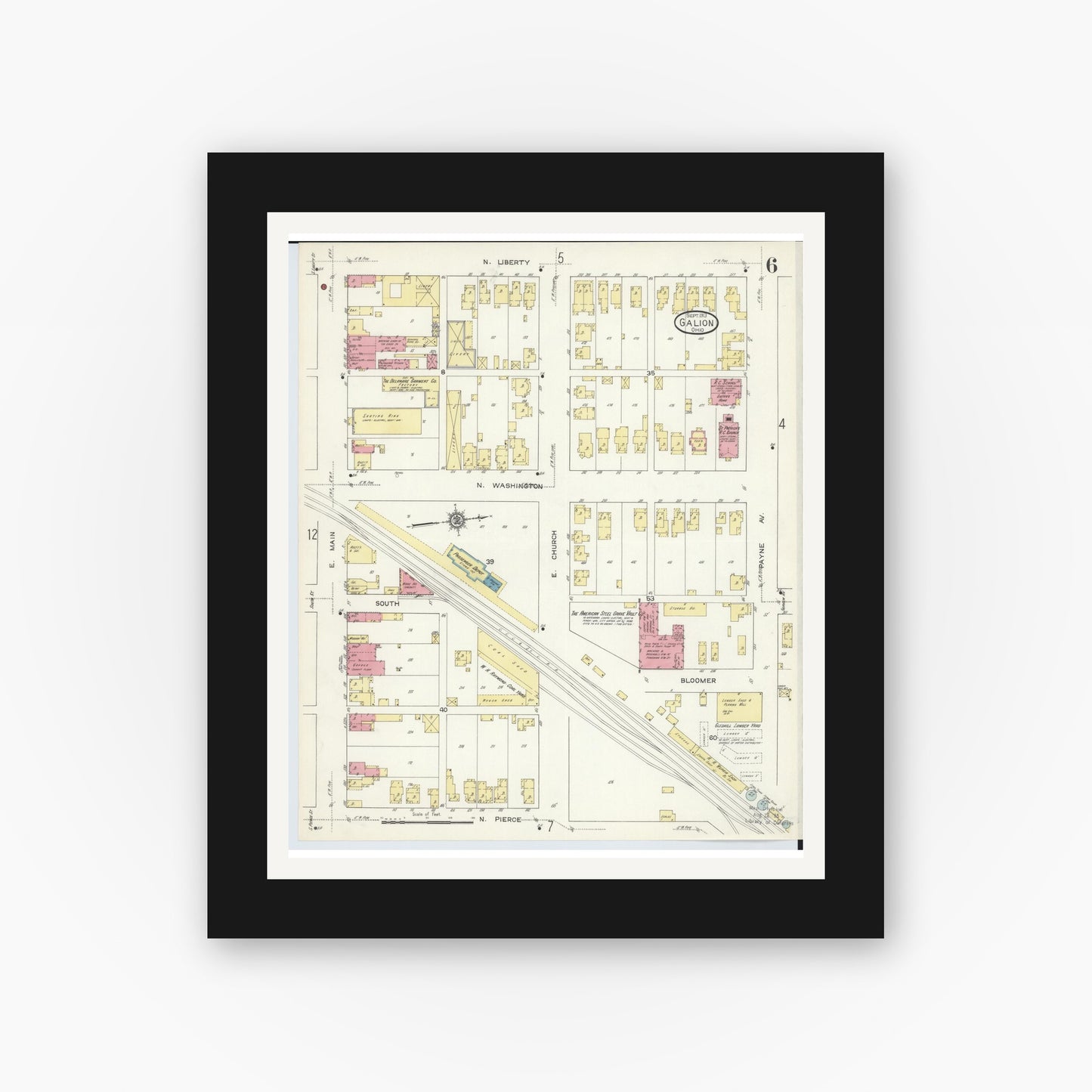 Old map wall art mockup — black gallery frame with white mat — Sanborn Fire Insurance Map from Galion, Crawford County, Ohio (1913), Sheet #0006
