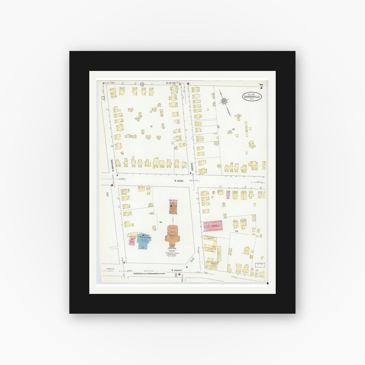 Old map wall art mockup — black gallery frame with white mat — Sanborn Fire Insurance Map from Somerville, Somerset County, New Jersey (1910), Sheet #0007
