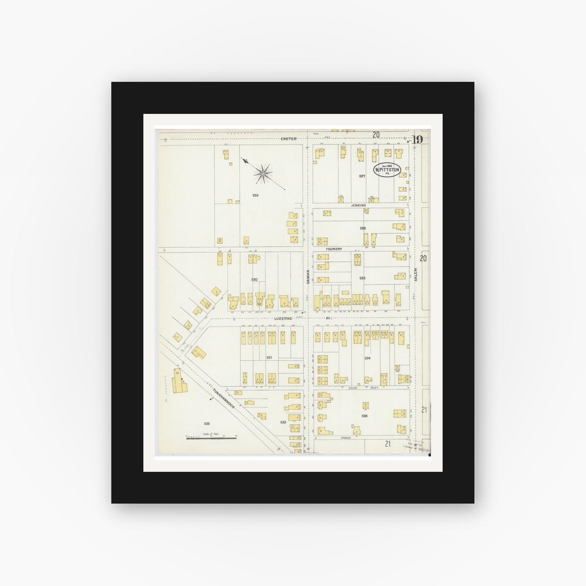 Old map wall art mockup — black gallery frame with white mat — Sanborn Fire Insurance Map from Pittston, Luzerne County, Pennsylvania (1903), Sheet #0019