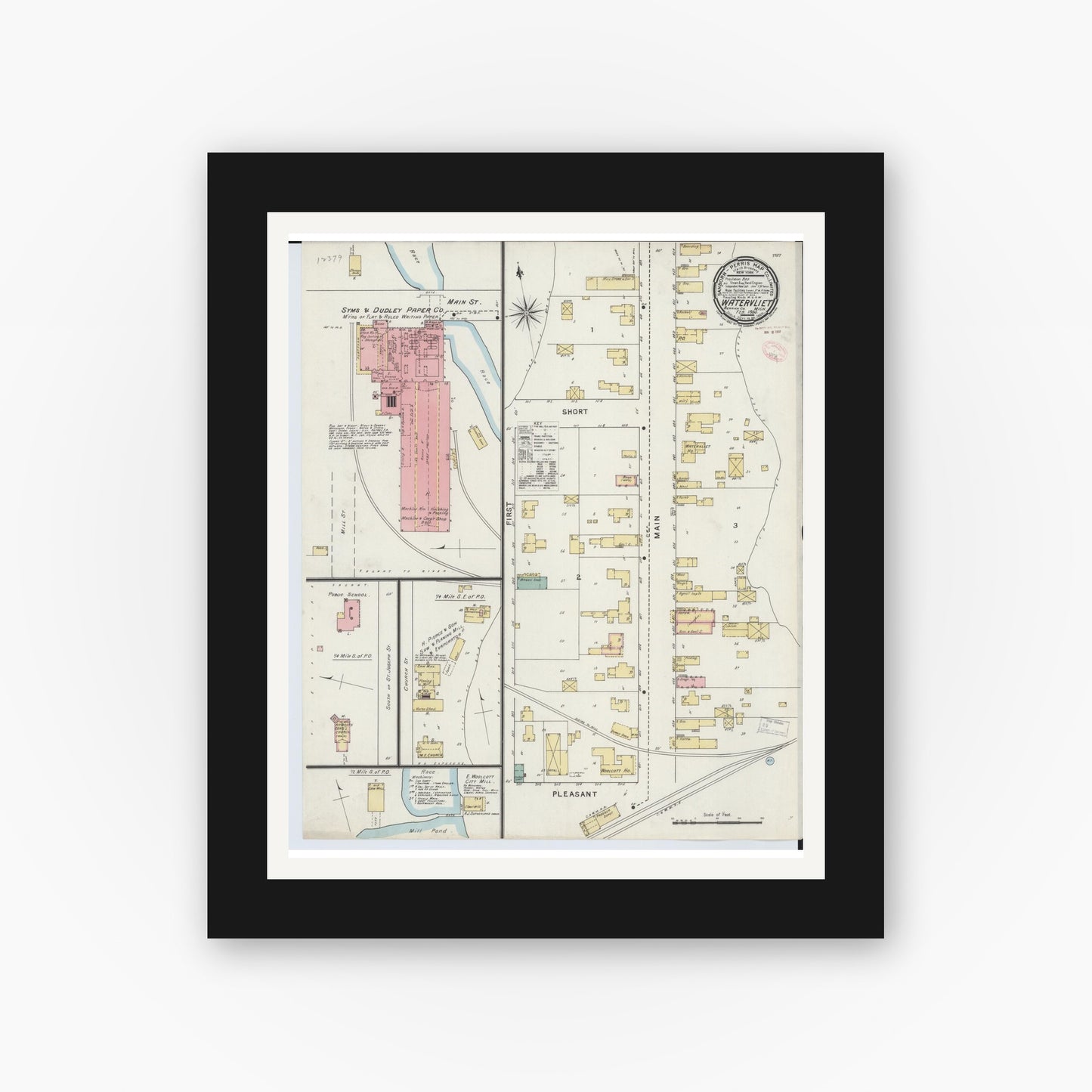 Old map wall art mockup — black gallery frame with white mat — Sanborn Fire Insurance Map from Watervliet, Berrien County, Michigan (1895), Sheet #0001