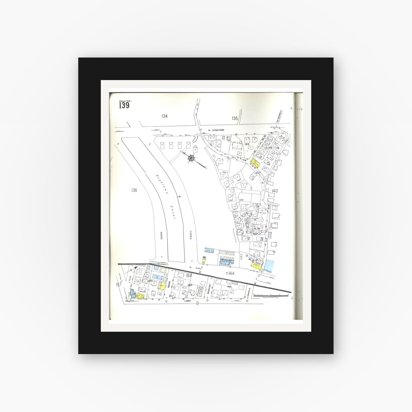 Old map wall art mockup — black gallery frame with white mat — Sanborn Fire Insurance Map from Honolulu, Oahu County, Hawaii (1955), Sheet #0139