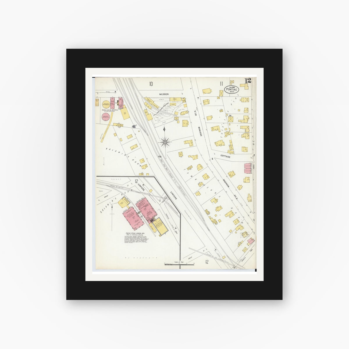 Old map wall art mockup β black gallery frame with white mat β Sanborn Fire Insurance Map from Pontiac, Oakland County, Michigan (1903), Sheet #0012