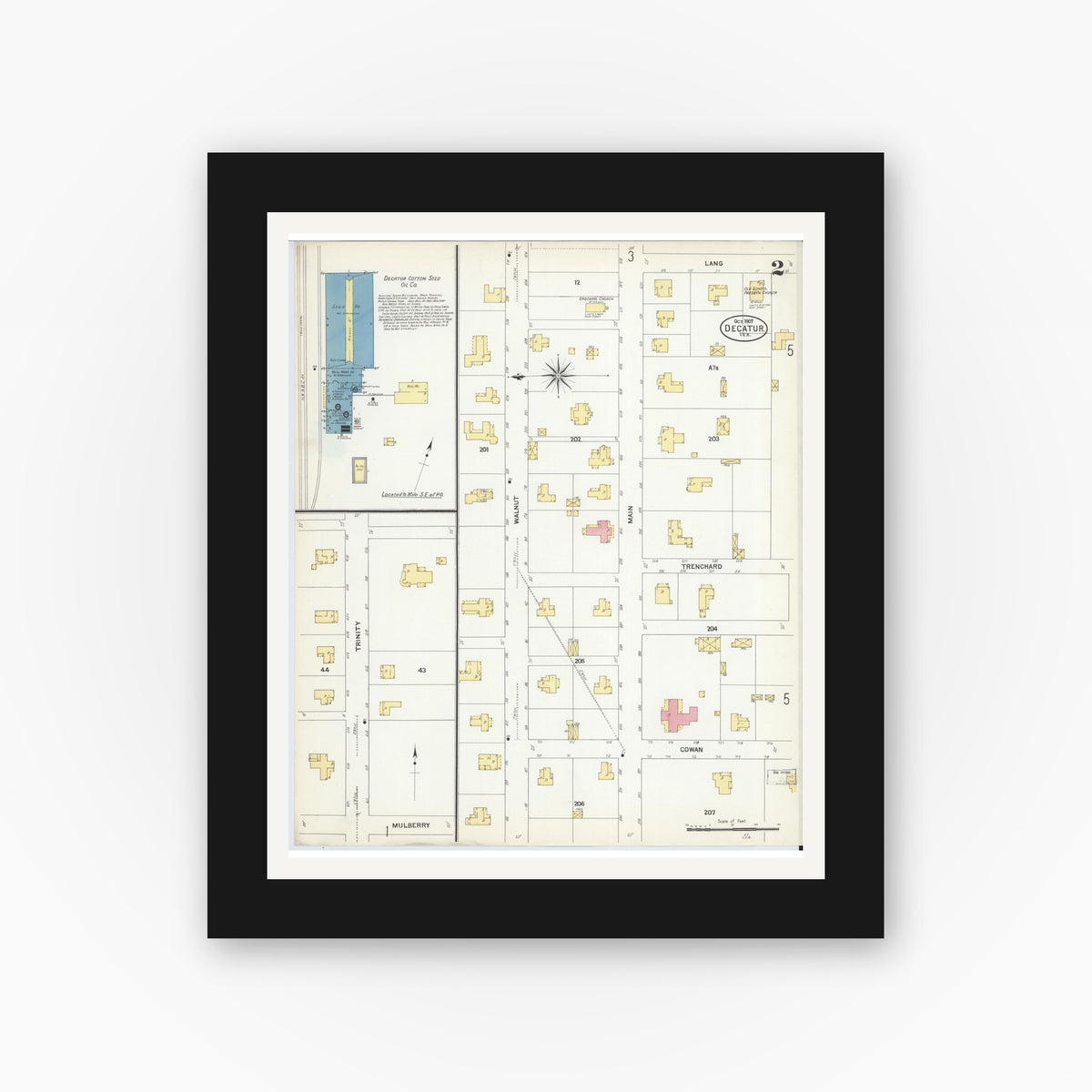 Old map wall art mockup — black gallery frame with white mat — Sanborn Fire Insurance Map from Decatur, Wise County, Texas (1907), Sheet #0002