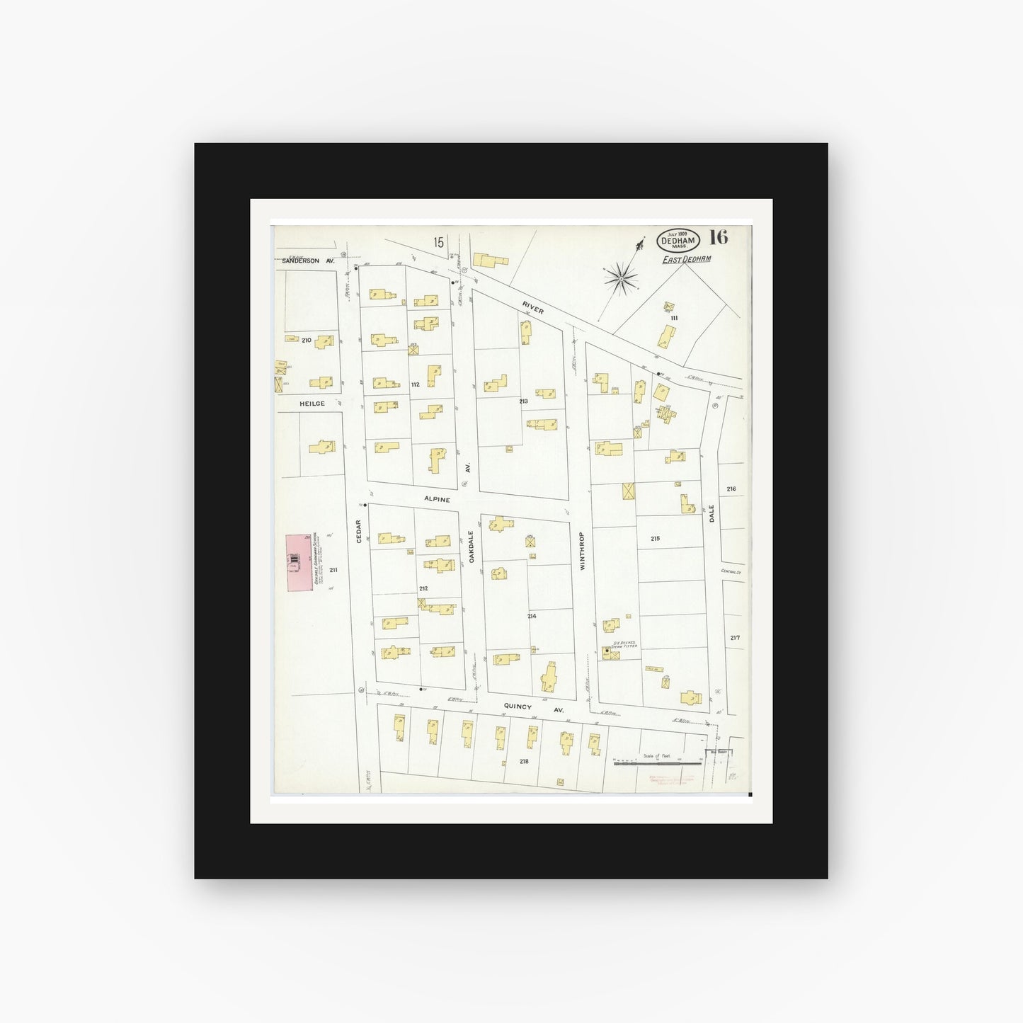 Old map wall art mockup — black gallery frame with white mat — Sanborn Fire Insurance Map from Dedham, Norfolk County, Massachusetts (1909), Sheet #0016