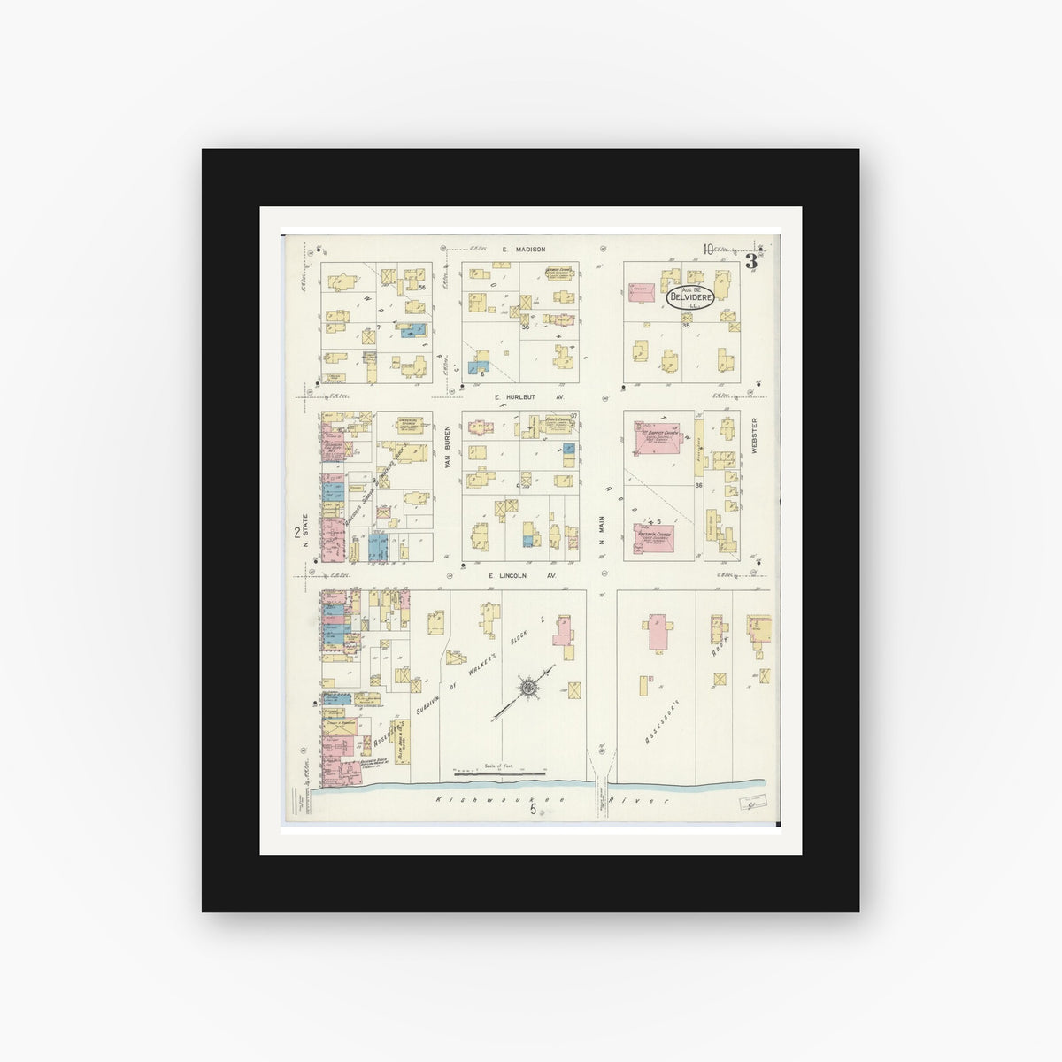 Old map wall art mockup — black gallery frame with white mat — Sanborn Fire Insurance Map from Belvidere, Boone County, Illinois (1912), Sheet #0003