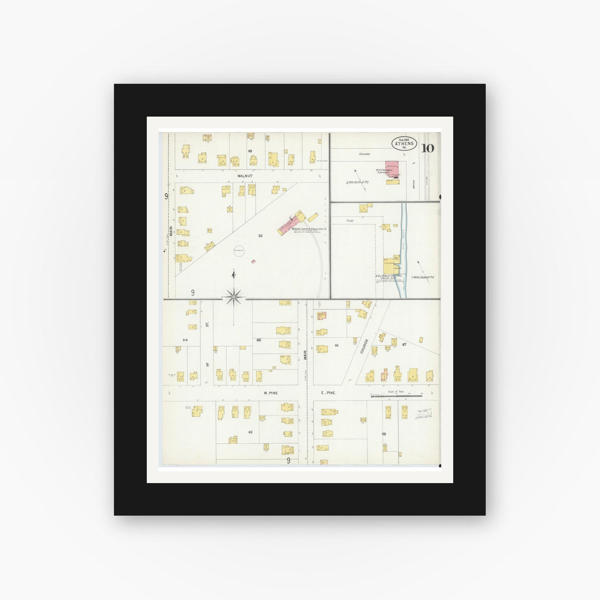 Old map wall art mockup β black gallery frame with white mat β Sanborn Fire Insurance Map from Athens, Bradford County, Pennsylvania (1903), Sheet #0010