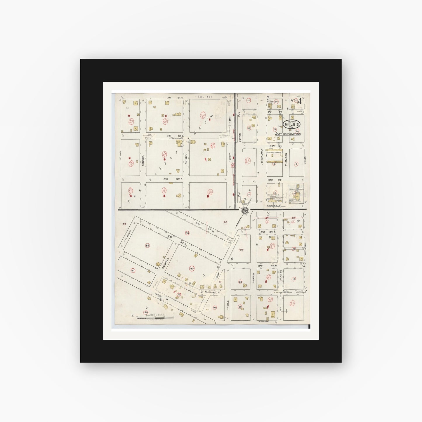 Old map wall art mockup — black gallery frame with white mat — Sanborn Fire Insurance Map from Miles, Runnels County, Texas (1936), Sheet #0004