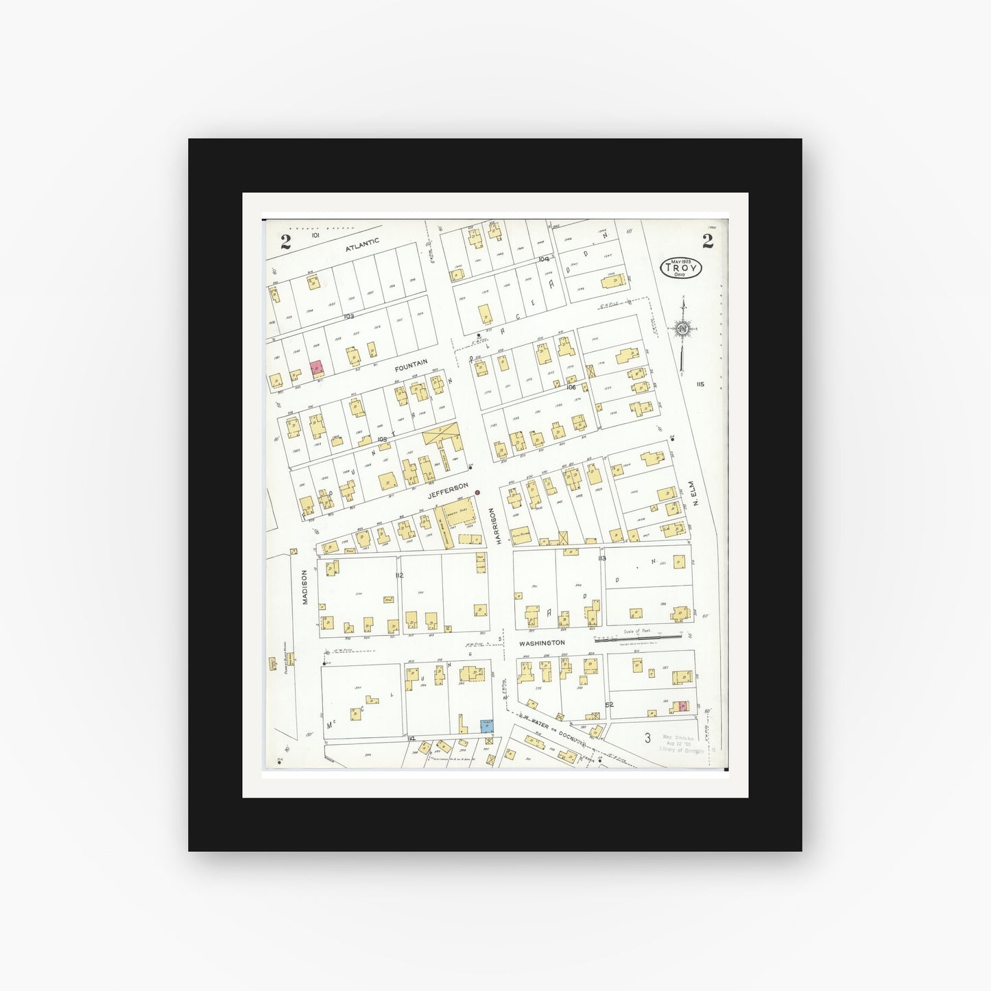 Old map wall art mockup — black gallery frame with white mat — Sanborn Fire Insurance Map from Troy, Miami County, Ohio (1923), Sheet #0002