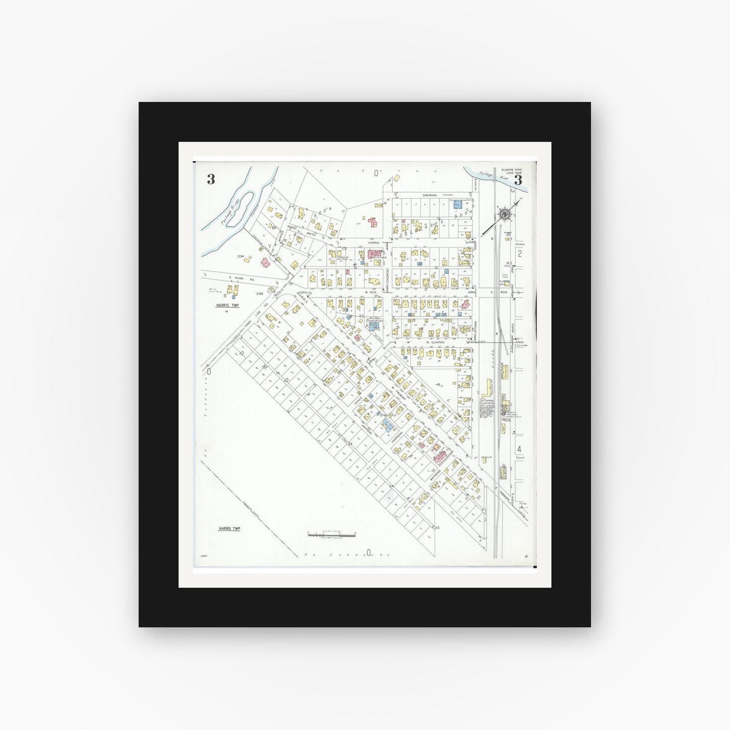 Old map wall art mockup — black gallery frame with white mat — Sanborn Fire Insurance Map from Elmore, Ottawa County, Ohio (1948), Sheet #0003
