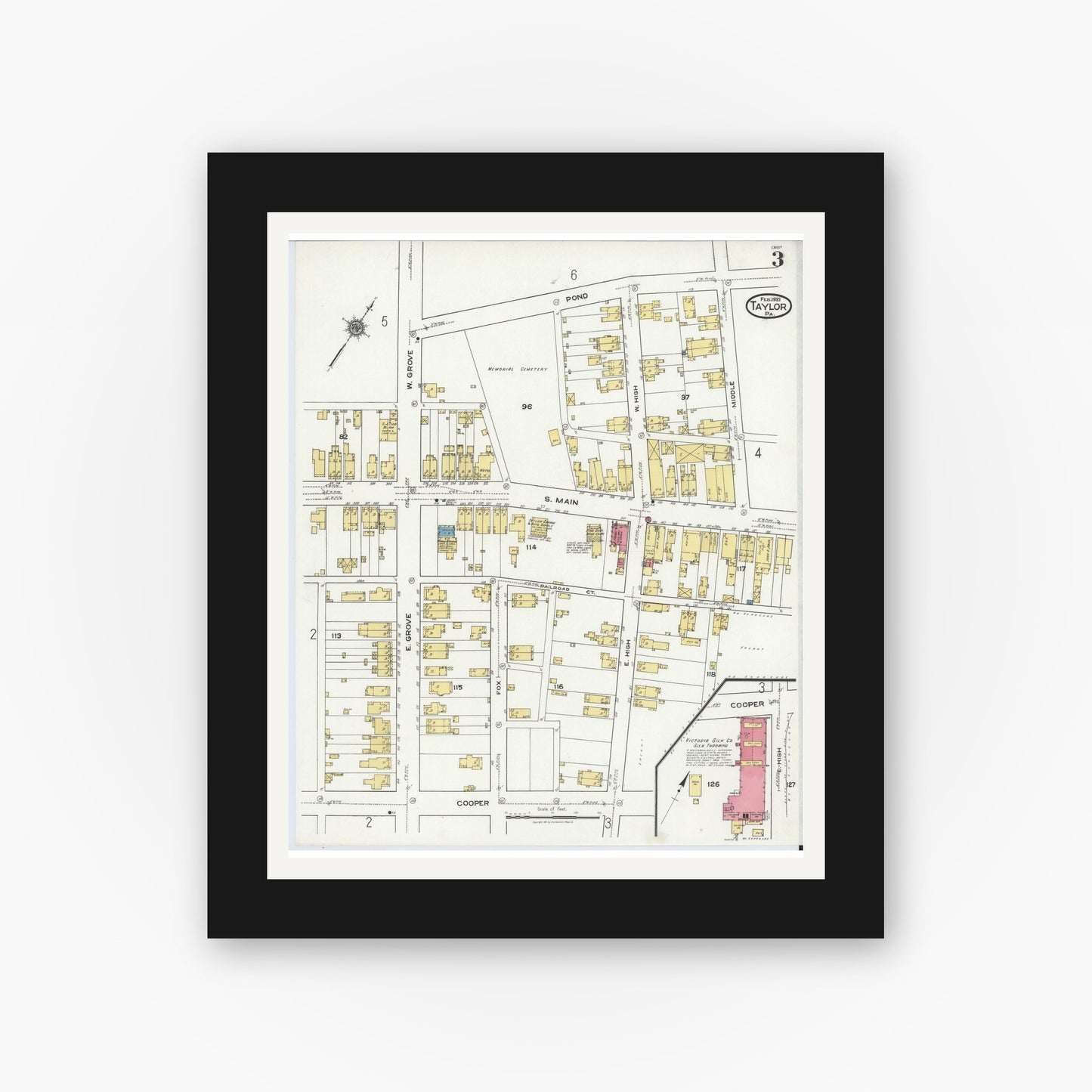 Old map wall art mockup — black gallery frame with white mat — Sanborn Fire Insurance Map from Taylor, Lackawanna County, Pennsylvania (1921), Sheet #0003