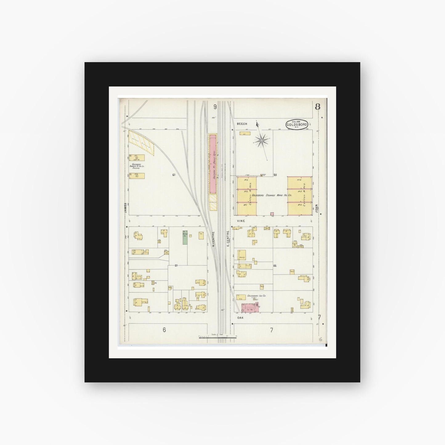 Old map wall art mockup — black gallery frame with white mat — Sanborn Fire Insurance Map from Goldsboro, Wayne County, North Carolina (1896), Sheet #0008