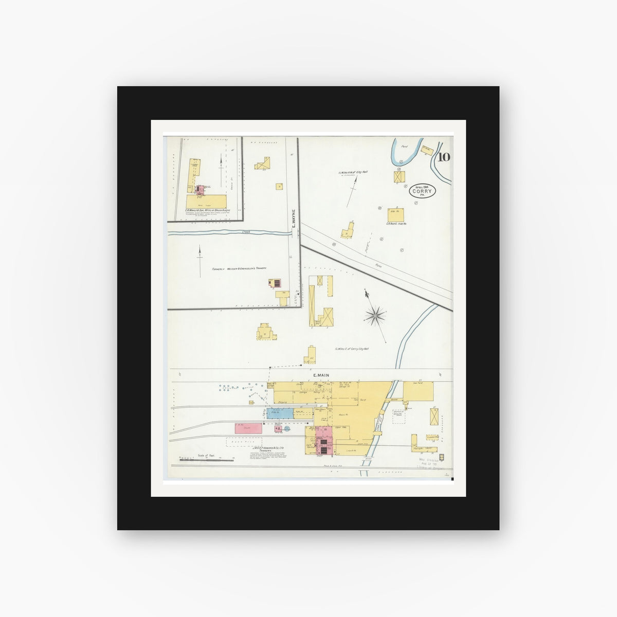 Old map wall art mockup — black gallery frame with white mat — Sanborn Fire Insurance Map from Corry, Erie County, Pennsylvania (1904), Sheet #0010
