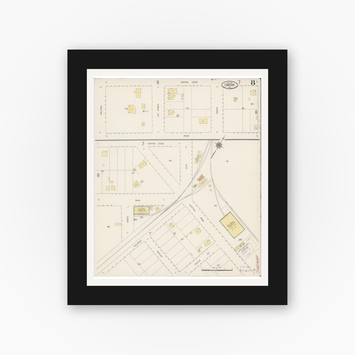 Old map wall art mockup — black gallery frame with white mat — Sanborn Fire Insurance Map from Concord, Contra Costa County, California (1917), Sheet #0008