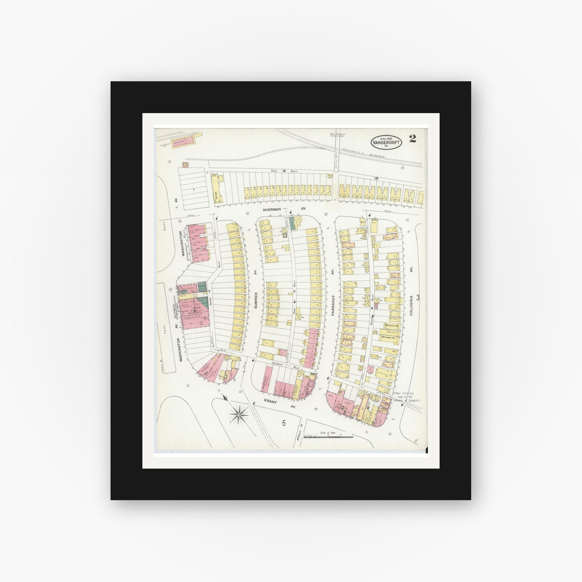 Old map wall art mockup — black gallery frame with white mat — Sanborn Fire Insurance Map from Vandergrift, Westmoreland County, Pennsylvania (1909), Sheet #0002