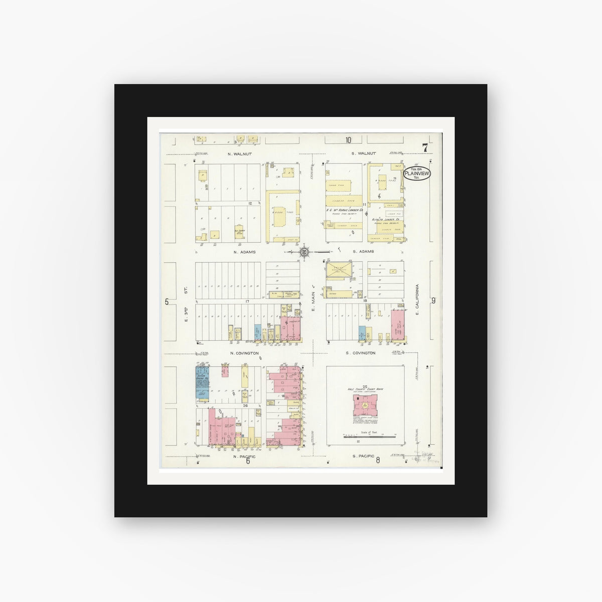 Old map wall art mockup — black gallery frame with white mat — Sanborn Fire Insurance Map from Plainview, Hale County, Texas (1914), Sheet #0007