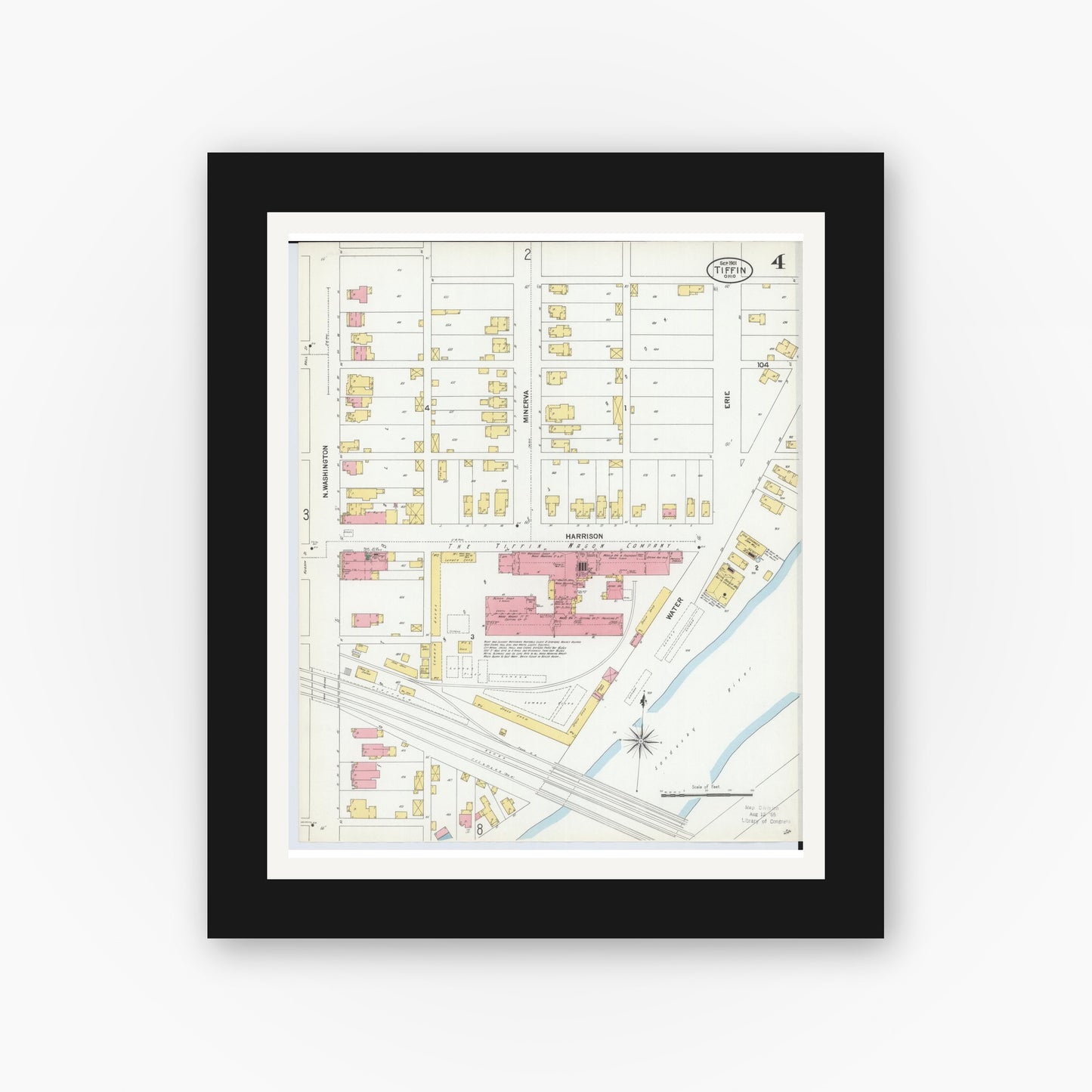 Old map wall art mockup — black gallery frame with white mat — Sanborn Fire Insurance Map from Tiffin, Seneca County, Ohio (1901), Sheet #0004