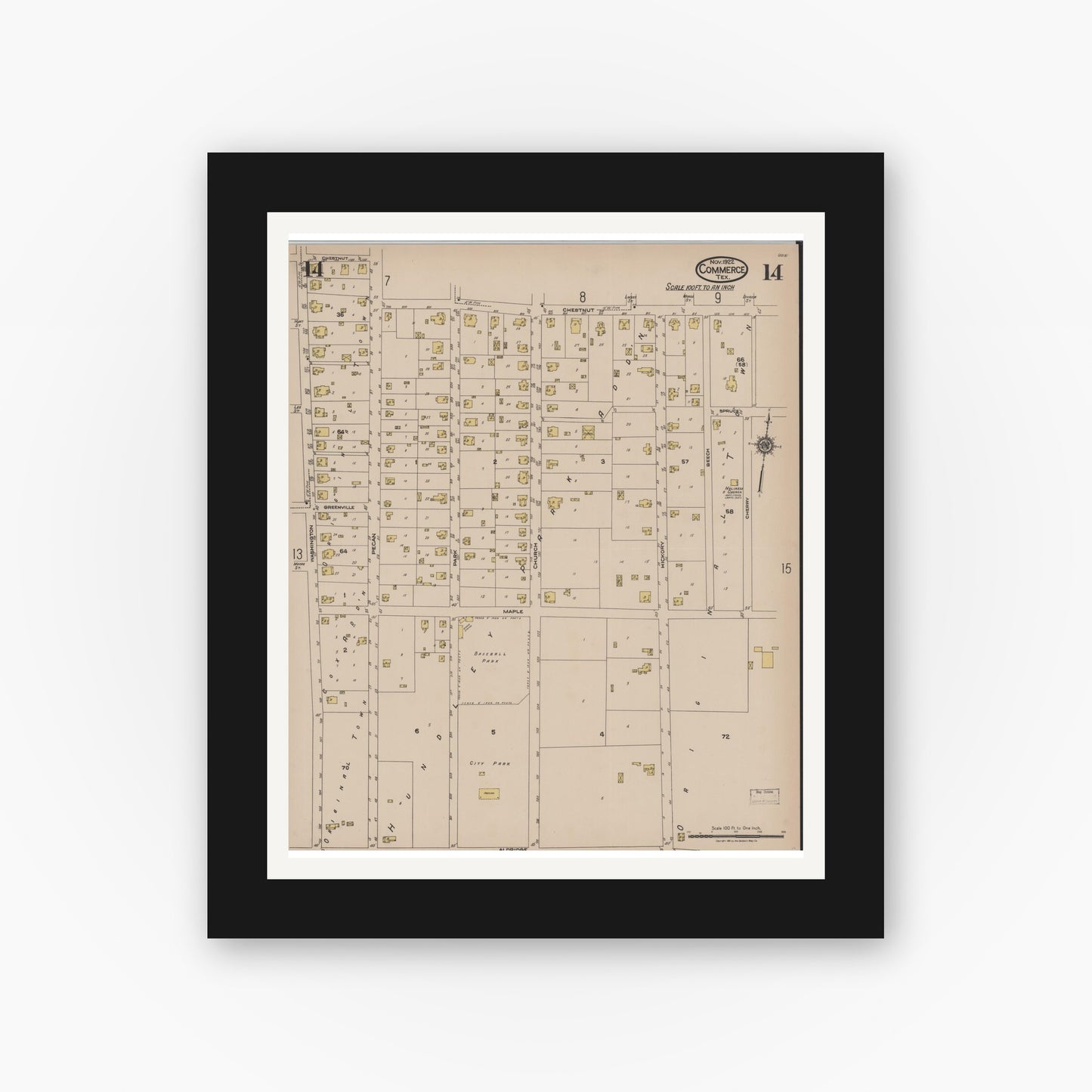 Old map wall art mockup — black gallery frame with white mat — Sanborn Fire Insurance Map from Commerce, Hunt County, Texas (1922), Sheet #0014