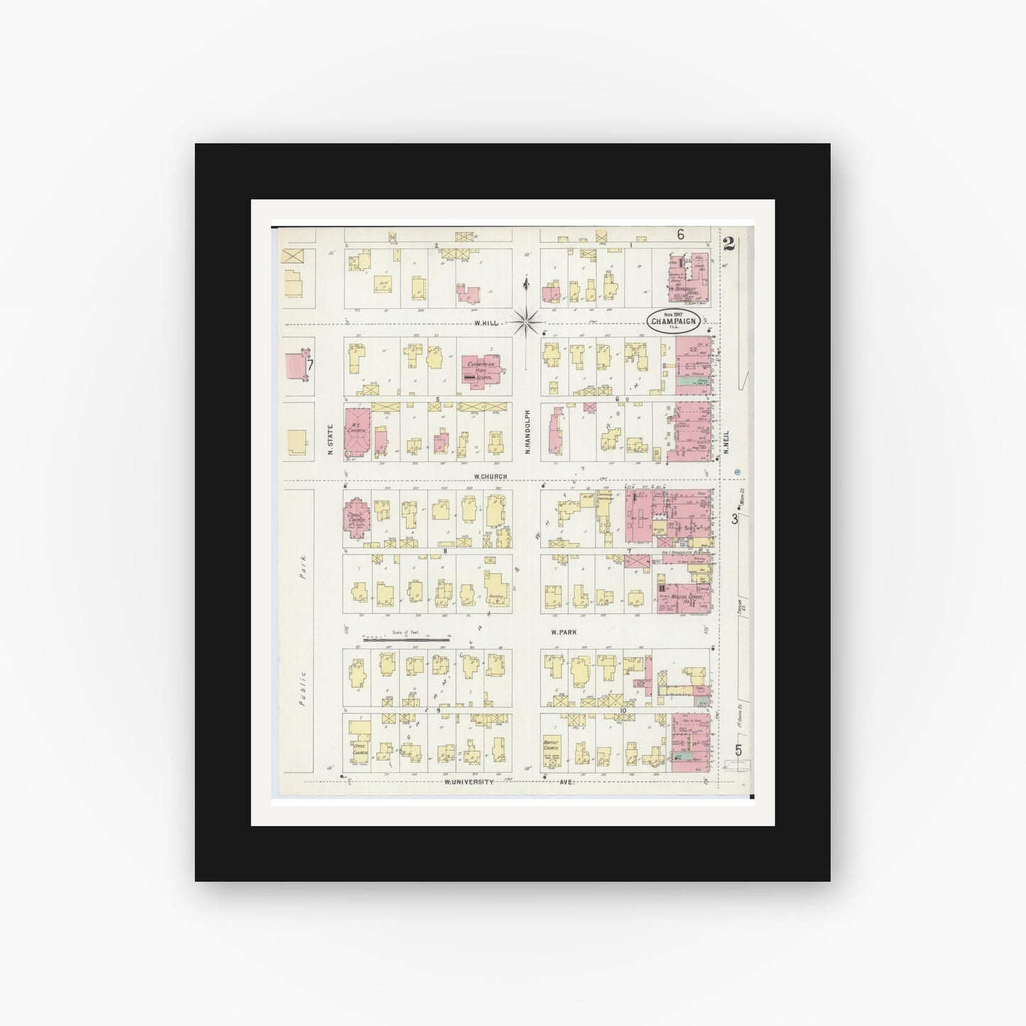Old map wall art mockup — black gallery frame with white mat — Sanborn Fire Insurance Map from Champaign, Champaign County, Illinois (1897), Sheet #0002