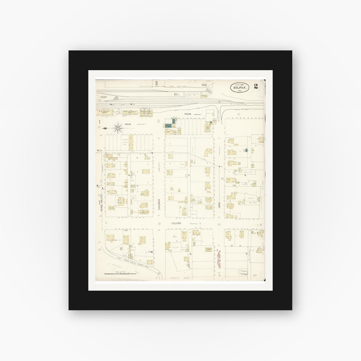 Old map wall art mockup — black gallery frame with white mat — Sanborn Fire Insurance Map from Colfax, Placer County, California (1898), Sheet #0002
