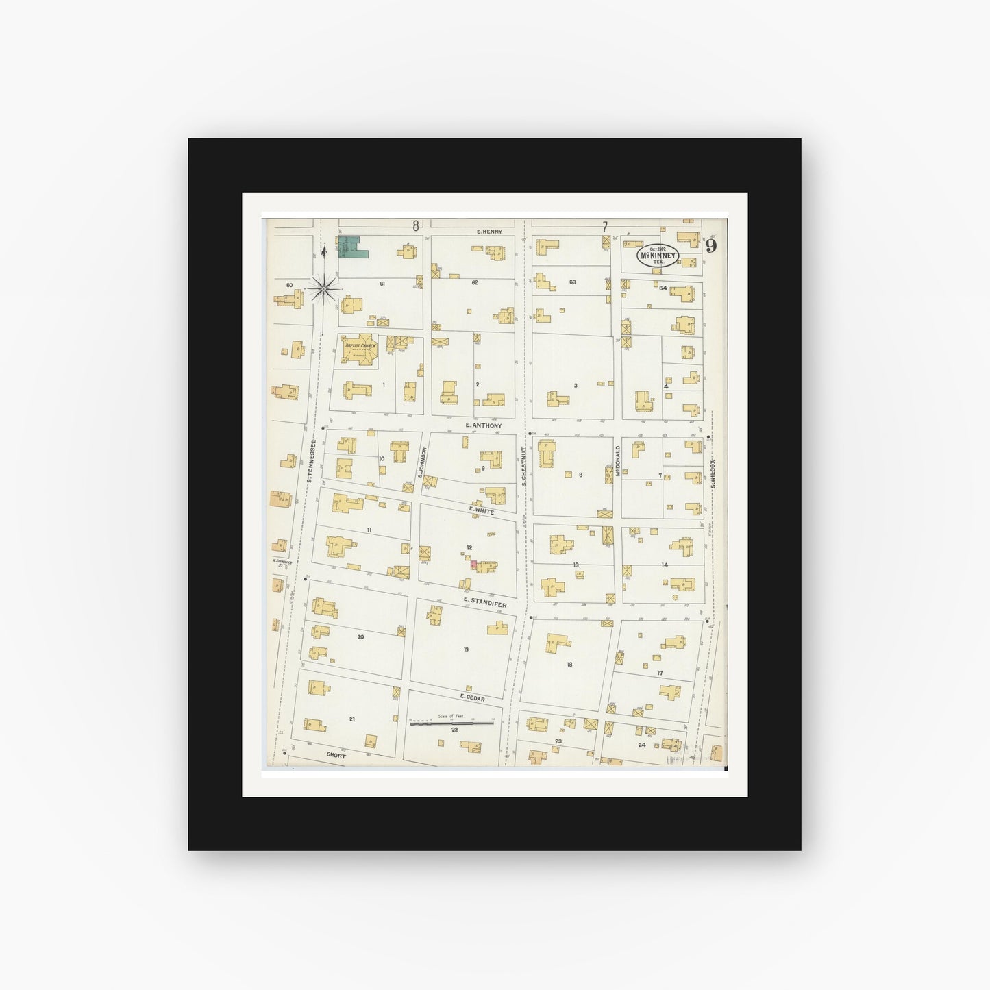 Old map wall art mockup — black gallery frame with white mat — Sanborn Fire Insurance Map from McKinney, Collin County, Texas (1902), Sheet #0009
