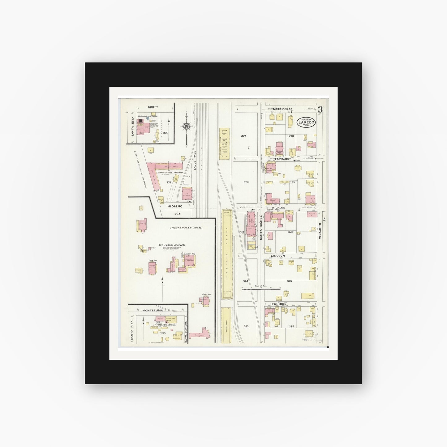 Old map wall art mockup — black gallery frame with white mat — Sanborn Fire Insurance Map from Laredo, Webb County, Texas (1909), Sheet #0003