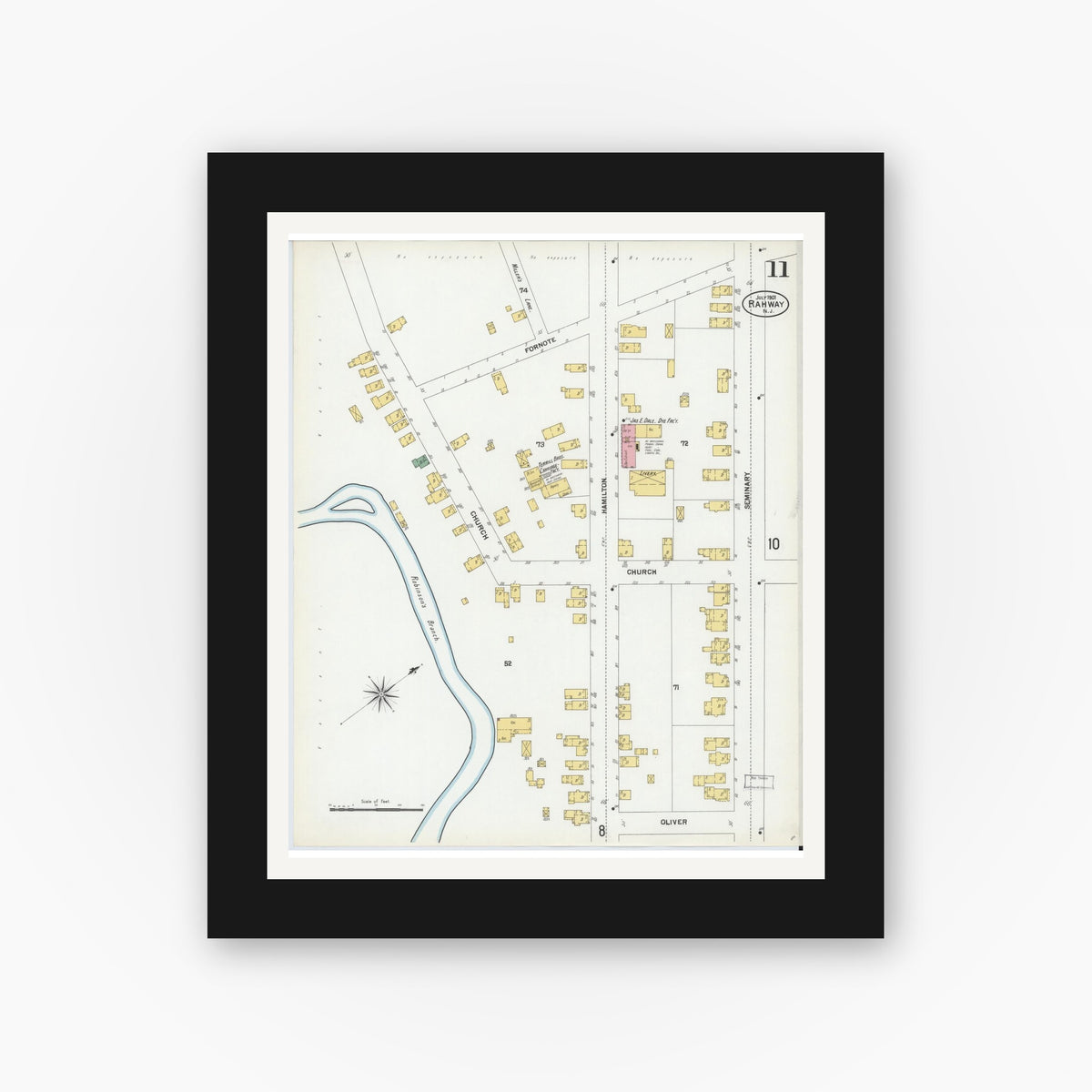 Old map wall art mockup — black gallery frame with white mat — Sanborn Fire Insurance Map from Rahway, Union County, New Jersey (1901), Sheet #0011