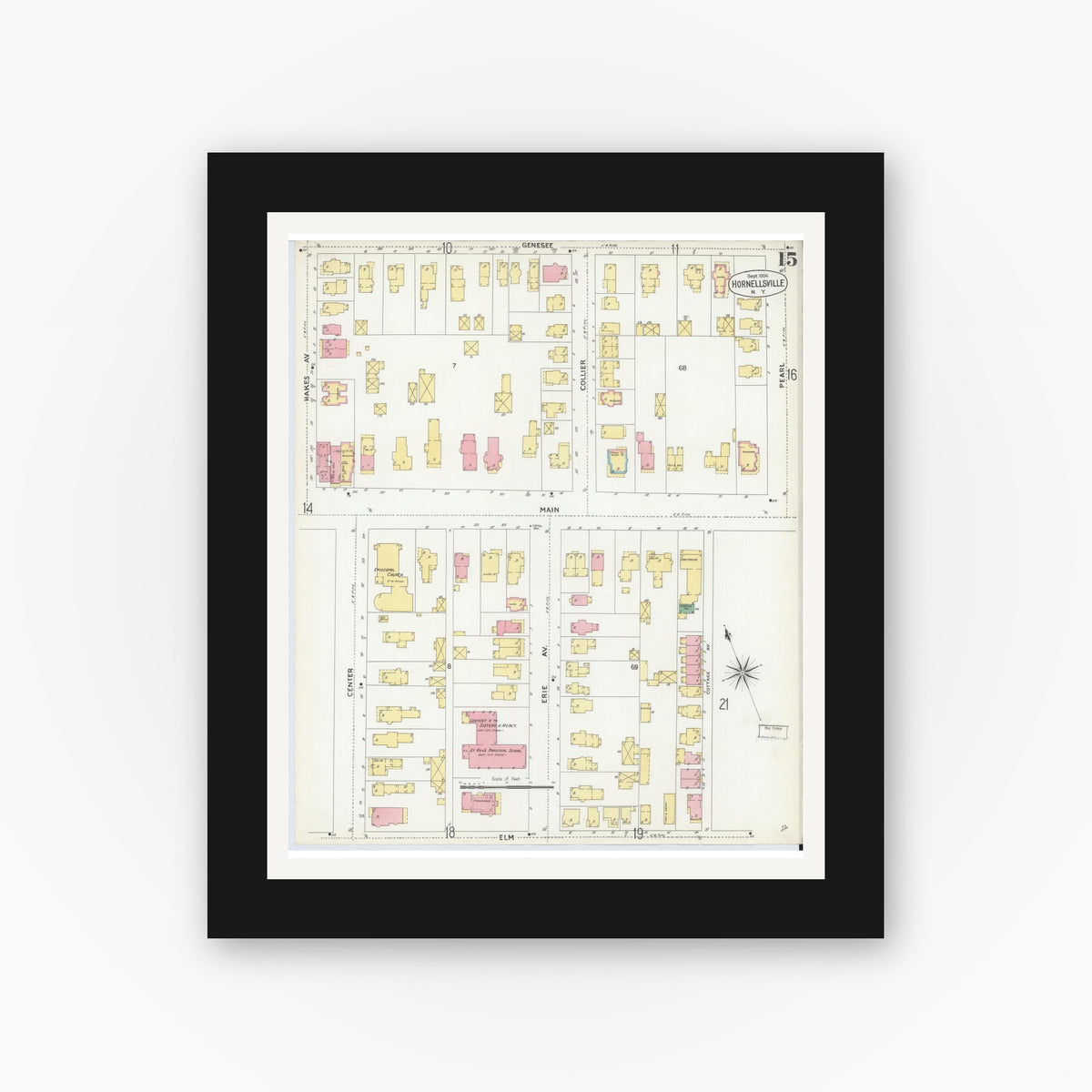 Old map wall art mockup — black gallery frame with white mat — Sanborn Fire Insurance Map from Hornell, Steuben County, New York (1904), Sheet #0015