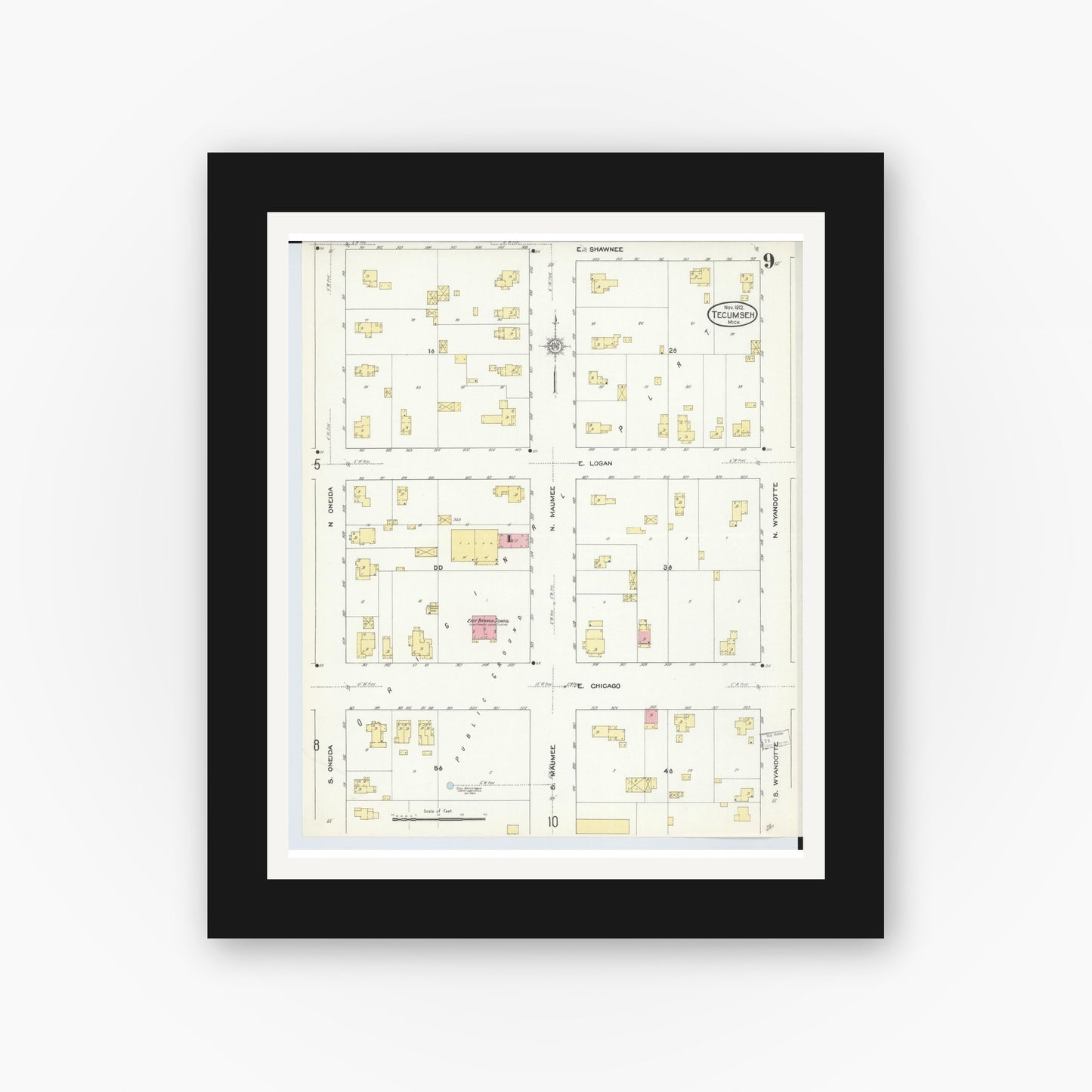 Old map wall art mockup — black gallery frame with white mat — Sanborn Fire Insurance Map from Tecumseh, Lenawee County, Michigan (1912), Sheet #0009