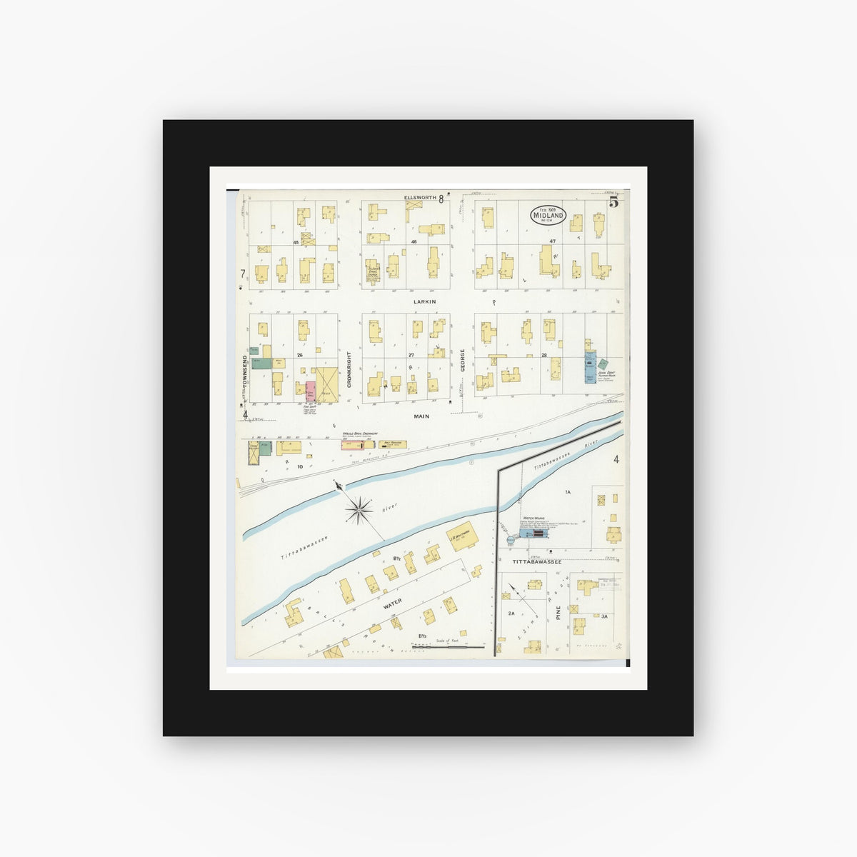 Old map wall art mockup — black gallery frame with white mat — Sanborn Fire Insurance Map from Midland, Midland County, Michigan (1909), Sheet #0005
