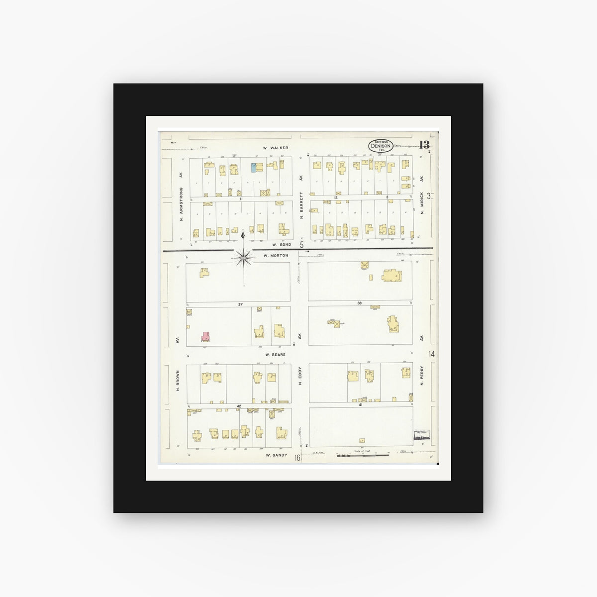 Old map wall art mockup — black gallery frame with white mat — Sanborn Fire Insurance Map from Denison, Grayson County, Texas (1908), Sheet #0013