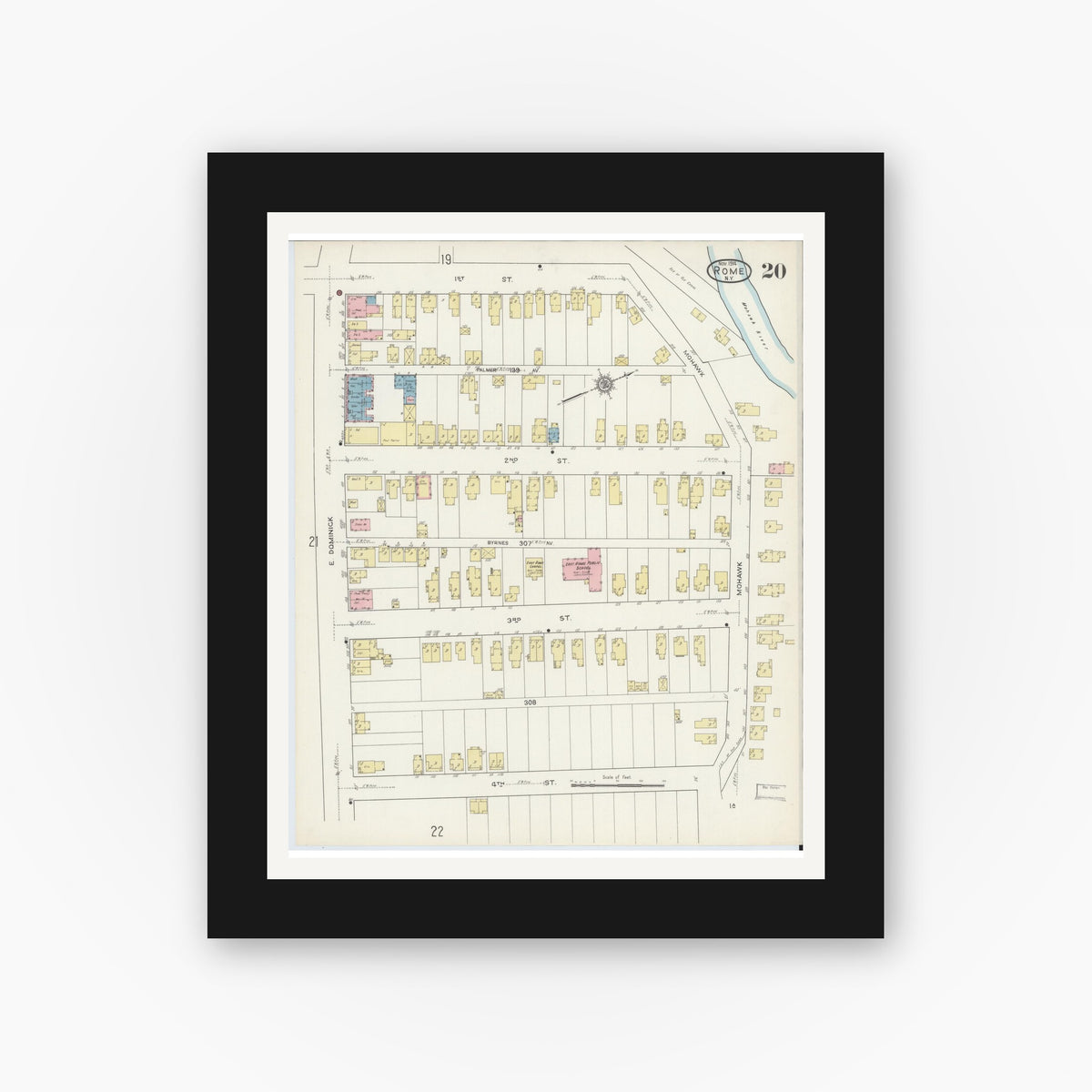 Old map wall art mockup — black gallery frame with white mat — Sanborn Fire Insurance Map from Rome, Oneida County, New York (1914), Sheet #0020