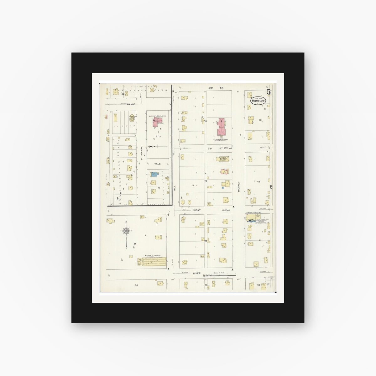 Old map wall art mockup — black gallery frame with white mat — Sanborn Fire Insurance Map from Momence, Kankakee County, Illinois (1913), Sheet #0005