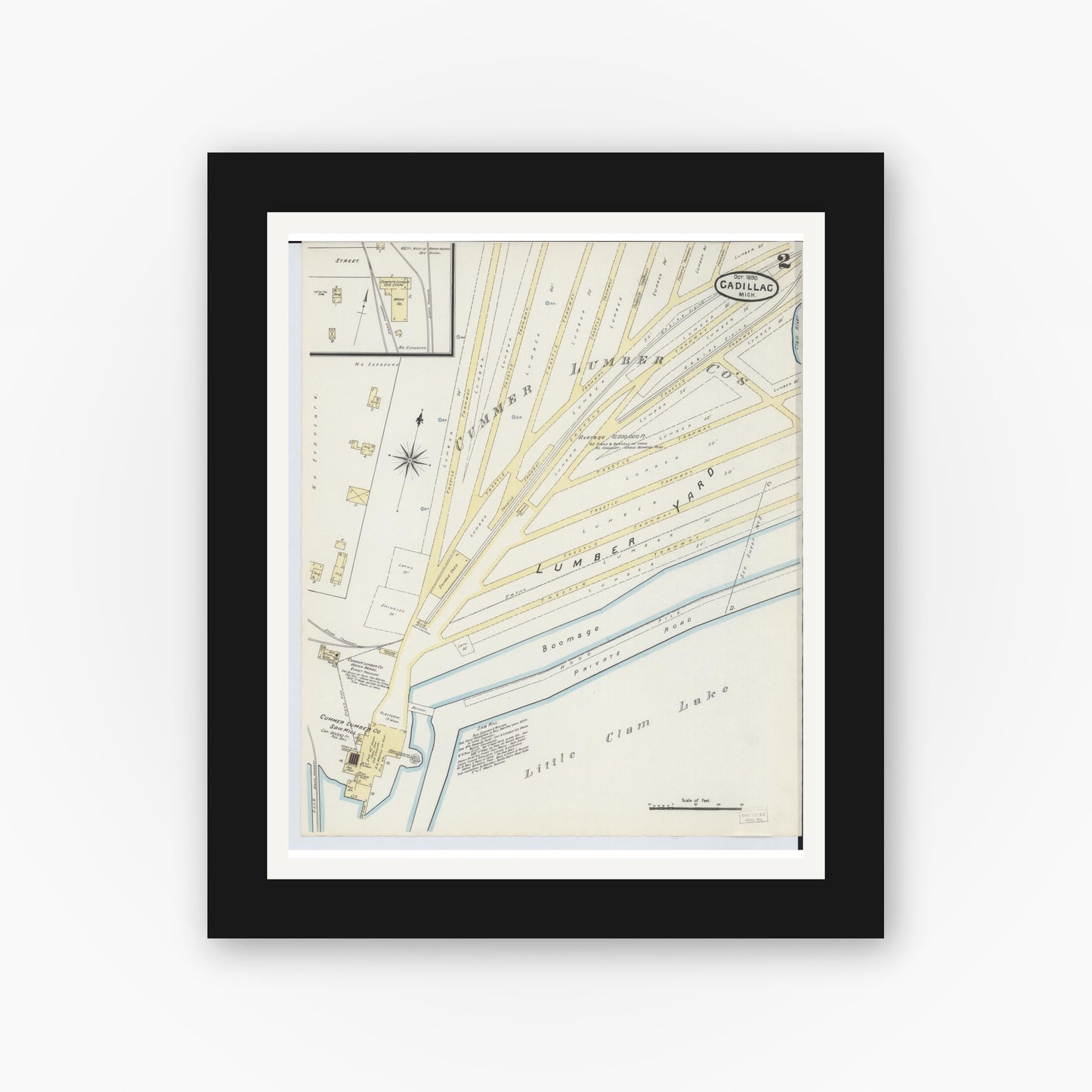 Old map wall art mockup — black gallery frame with white mat — Sanborn Fire Insurance Map from Cadillac, Wexford County, Michigan (1890), Sheet #0002