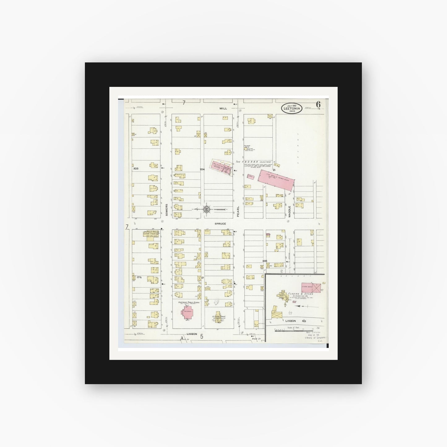 Old map wall art mockup — black gallery frame with white mat — Sanborn Fire Insurance Map from Leetonia, Columbiana County, Ohio (1910), Sheet #0006
