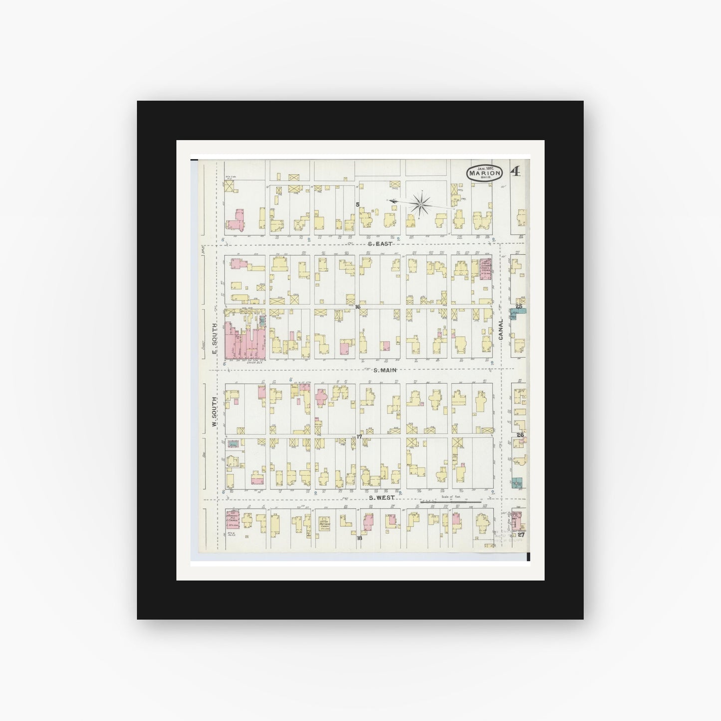 Old map wall art mockup — black gallery frame with white mat — Sanborn Fire Insurance Map from Marion, Marion County, Ohio (1892), Sheet #0004