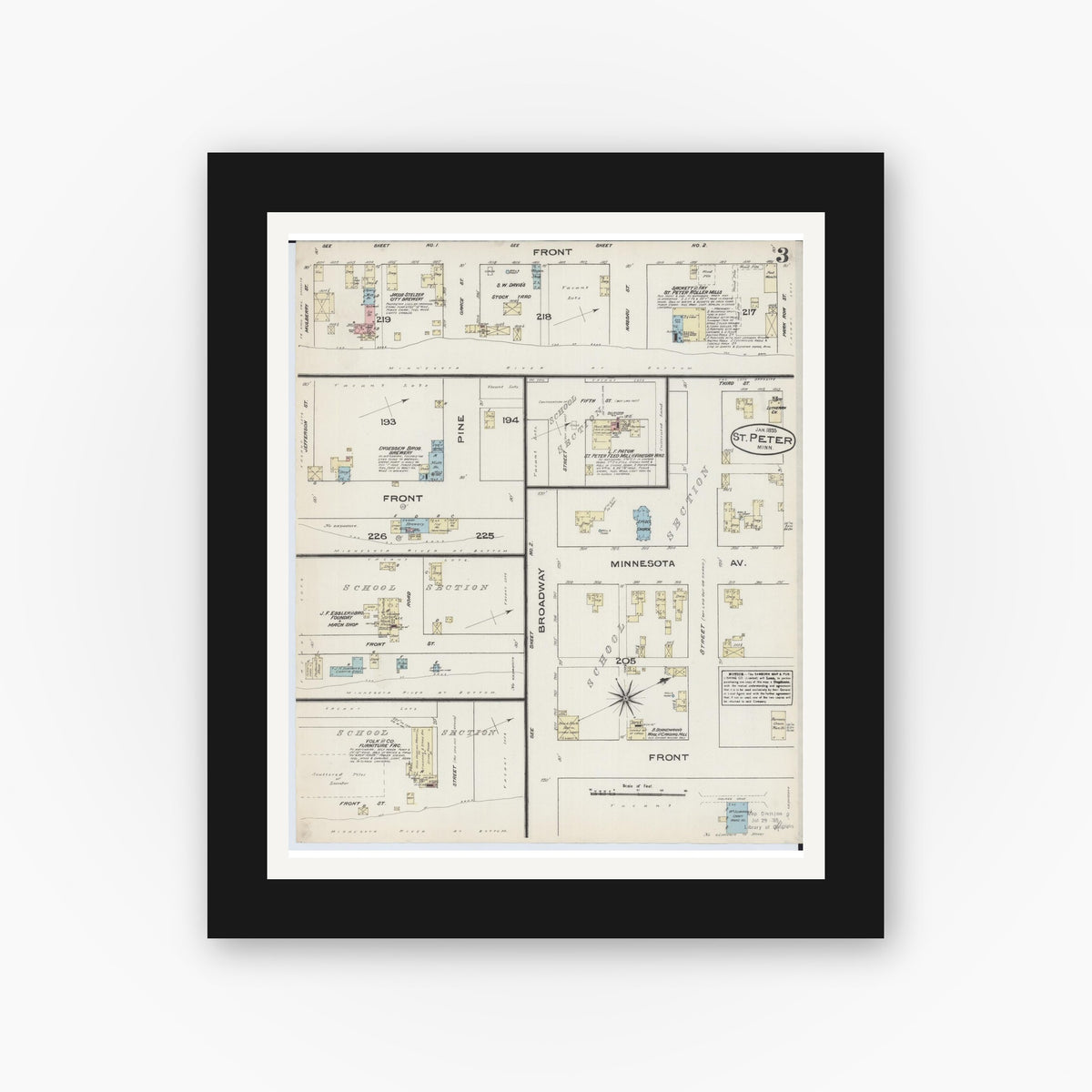 Old map wall art mockup — black gallery frame with white mat — Sanborn Fire Insurance Map from Saint Peter, Nicollet County, Minnesota (1885), Sheet #0003