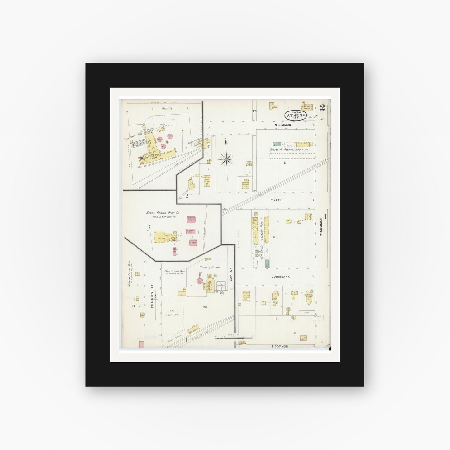 Old map wall art mockup — black gallery frame with white mat — Sanborn Fire Insurance Map from Athens, Henderson County, Texas (1896), Sheet #0002
