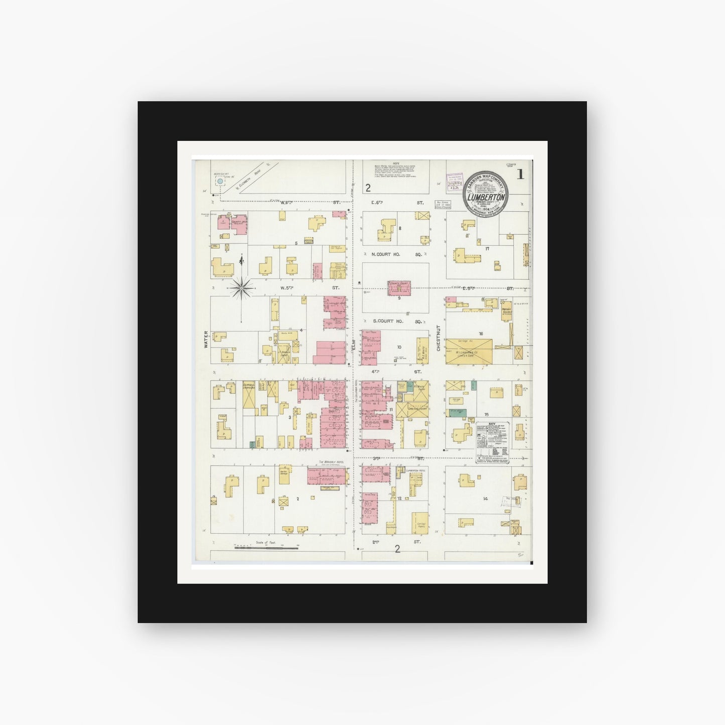Old map wall art mockup — black gallery frame with white mat — Sanborn Fire Insurance Map from Lumberton, Robeson County, North Carolina (1904) - Complete Map Set
