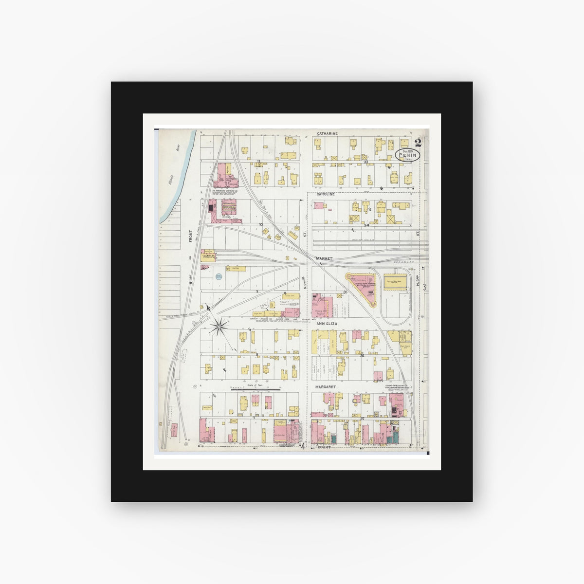 Old map wall art mockup — black gallery frame with white mat — Sanborn Fire Insurance Map from Pekin, Tazewell County, Illinois (1903), Sheet #0002