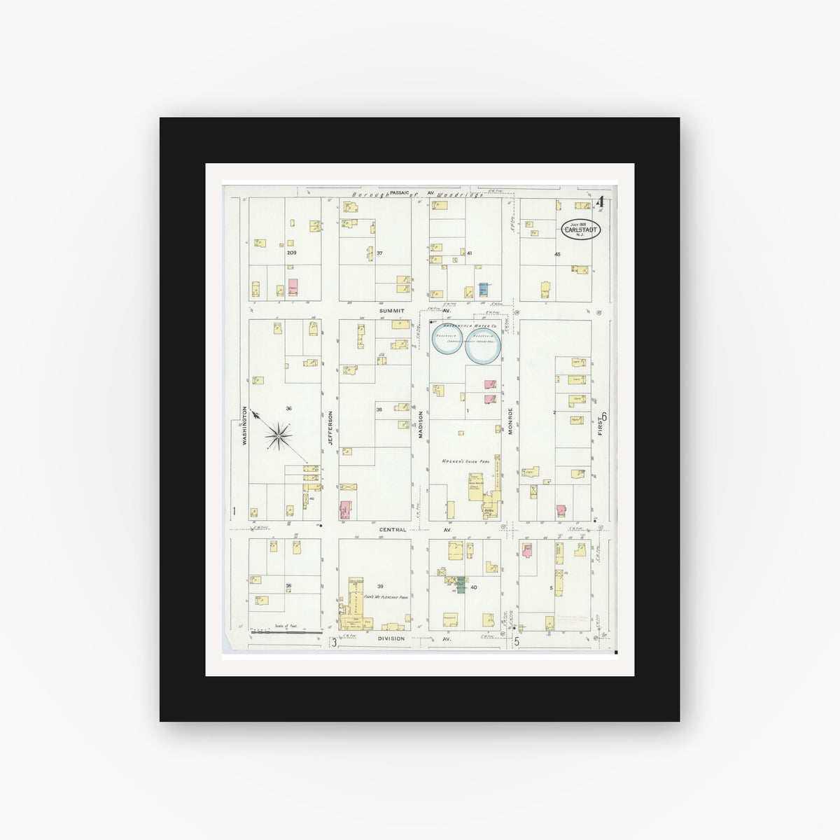 Old map wall art mockup — black gallery frame with white mat — Sanborn Fire Insurance Map from Carlstadt, Bergen County, New Jersey (1909), Sheet #0004